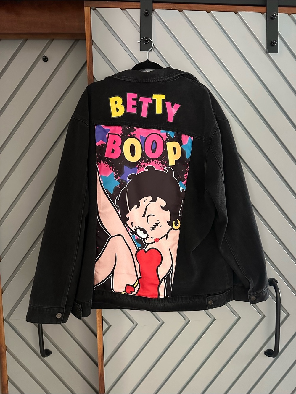 Betty Boop Black Denim Jacket with Colorful Graphic Back